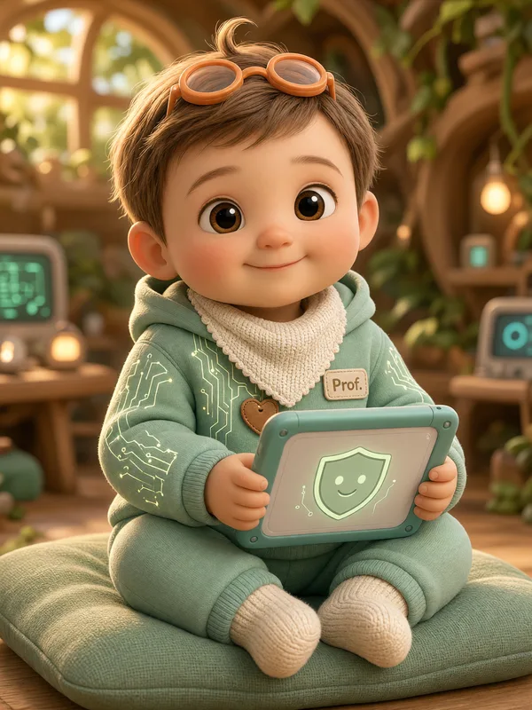 Professor Alessio, die Figur des Kids-Kanals, mit Tablet und Schutzschild-Symbol